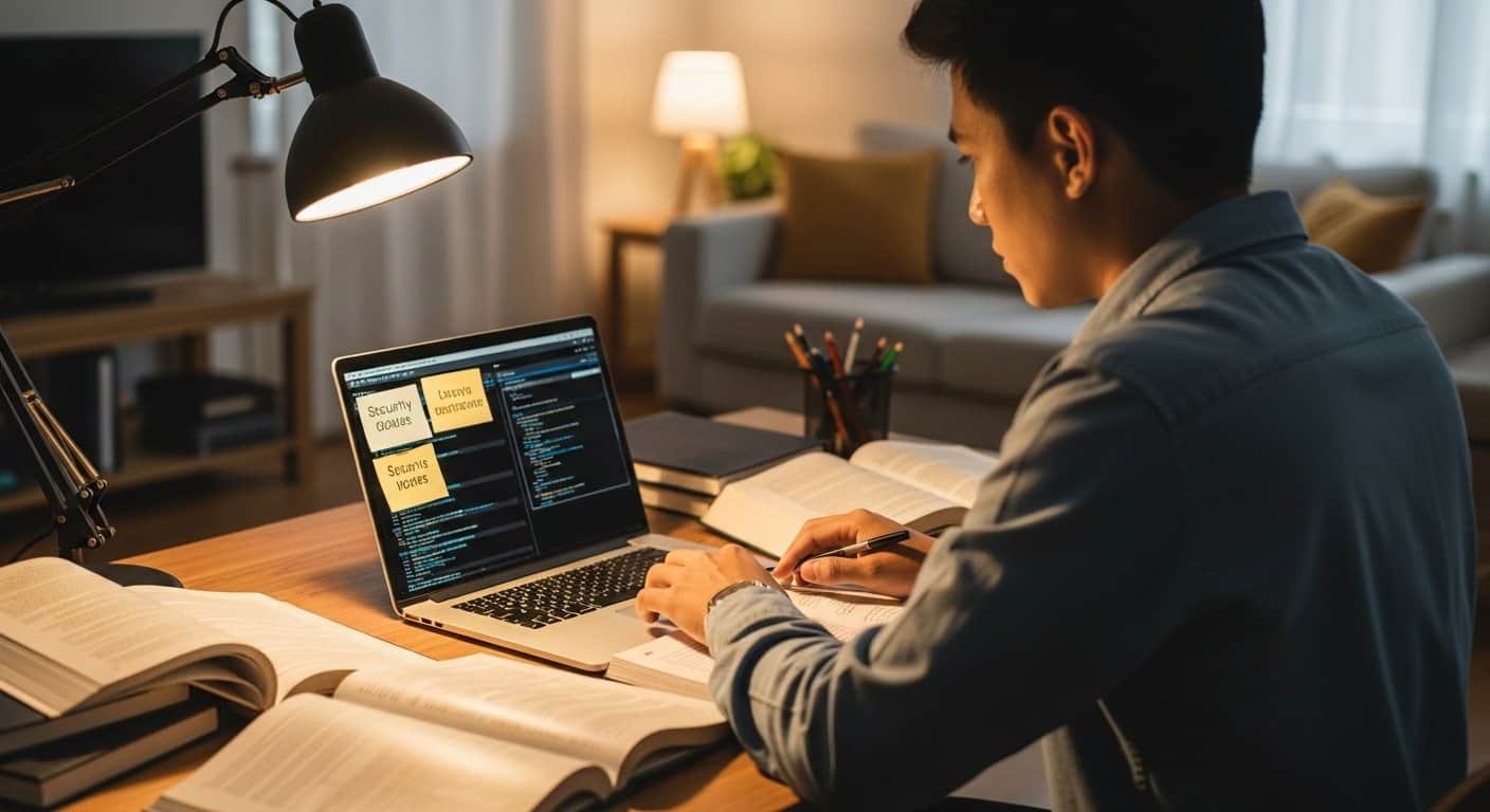 Student preparing for cybersecurity certification exam