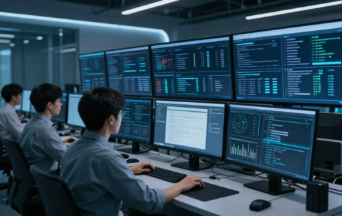 Cybersecurity professional monitoring digital threats on multiple screens