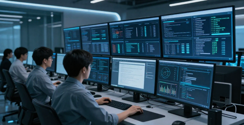 Cybersecurity professional monitoring digital threats on multiple screens