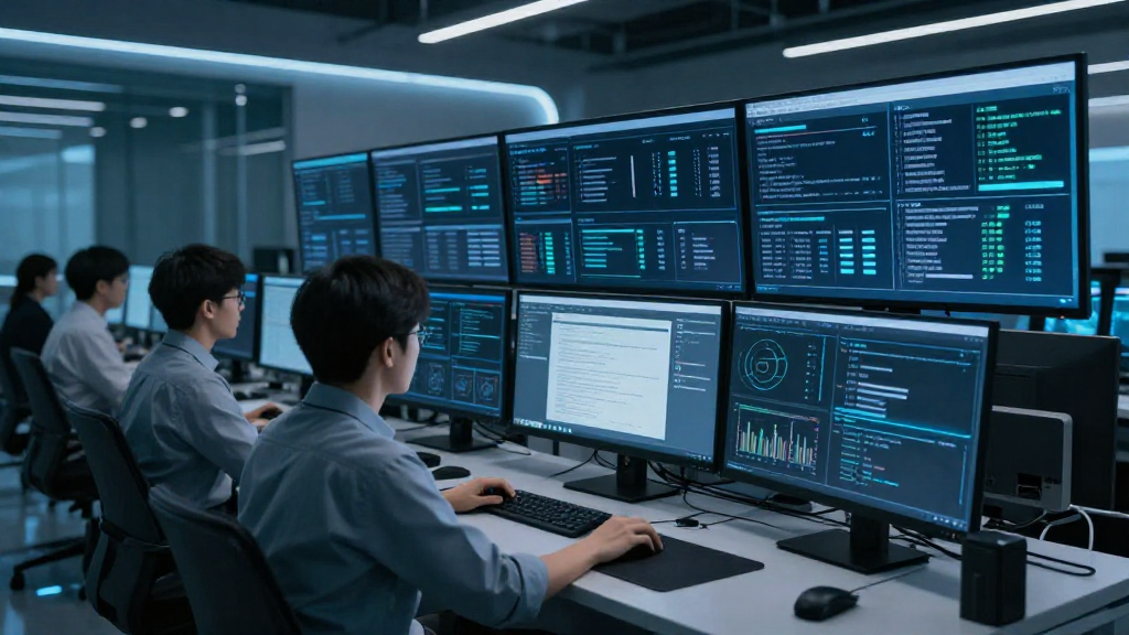 Cybersecurity professional monitoring digital threats on multiple screens