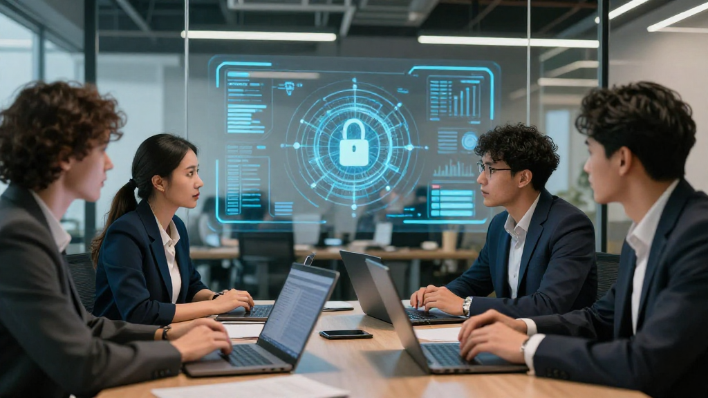 Information security team discussing network protection strategy