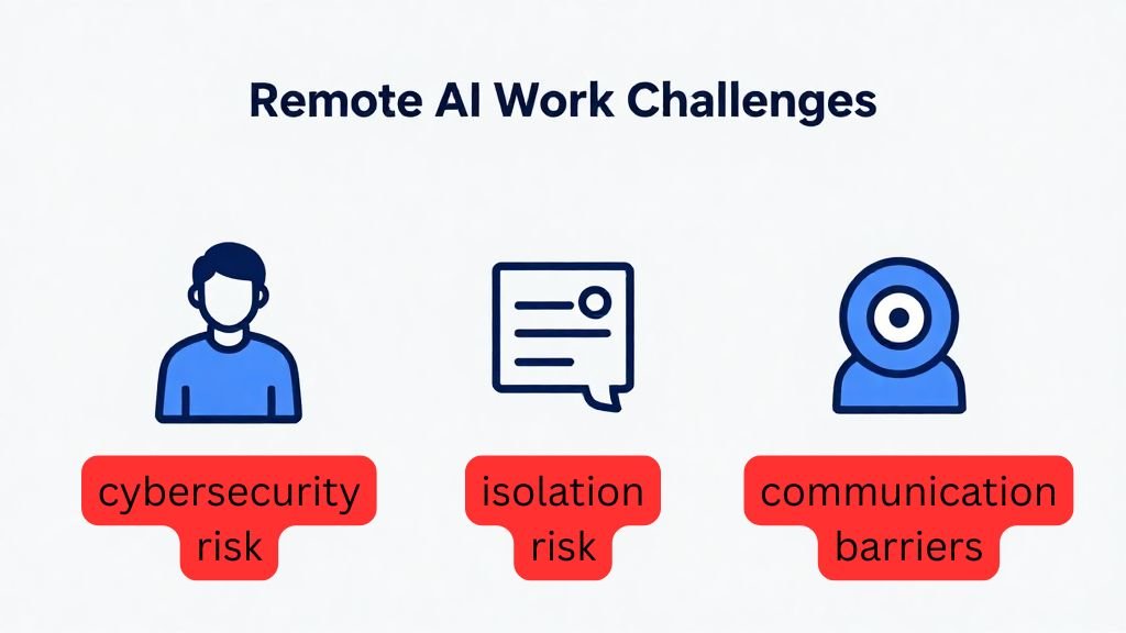 Challenges of remote AI work including cybersecurity risks and communication barriers