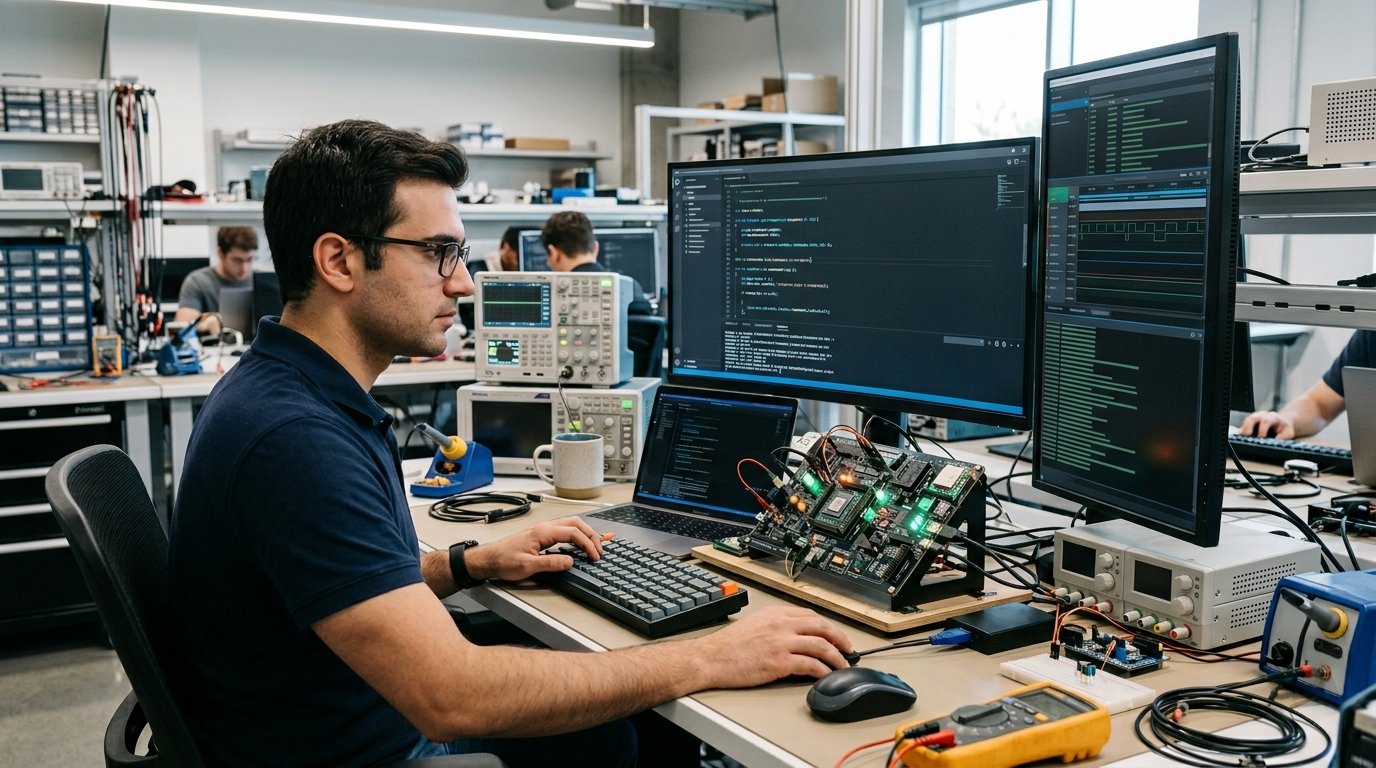 Embedded systems software engineer working with smart hardware devices and programming tools