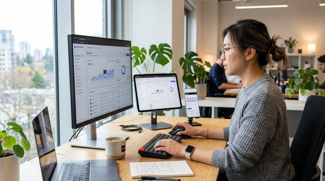 Frontend developer building responsive web interfaces across desktop tablet and mobile devices