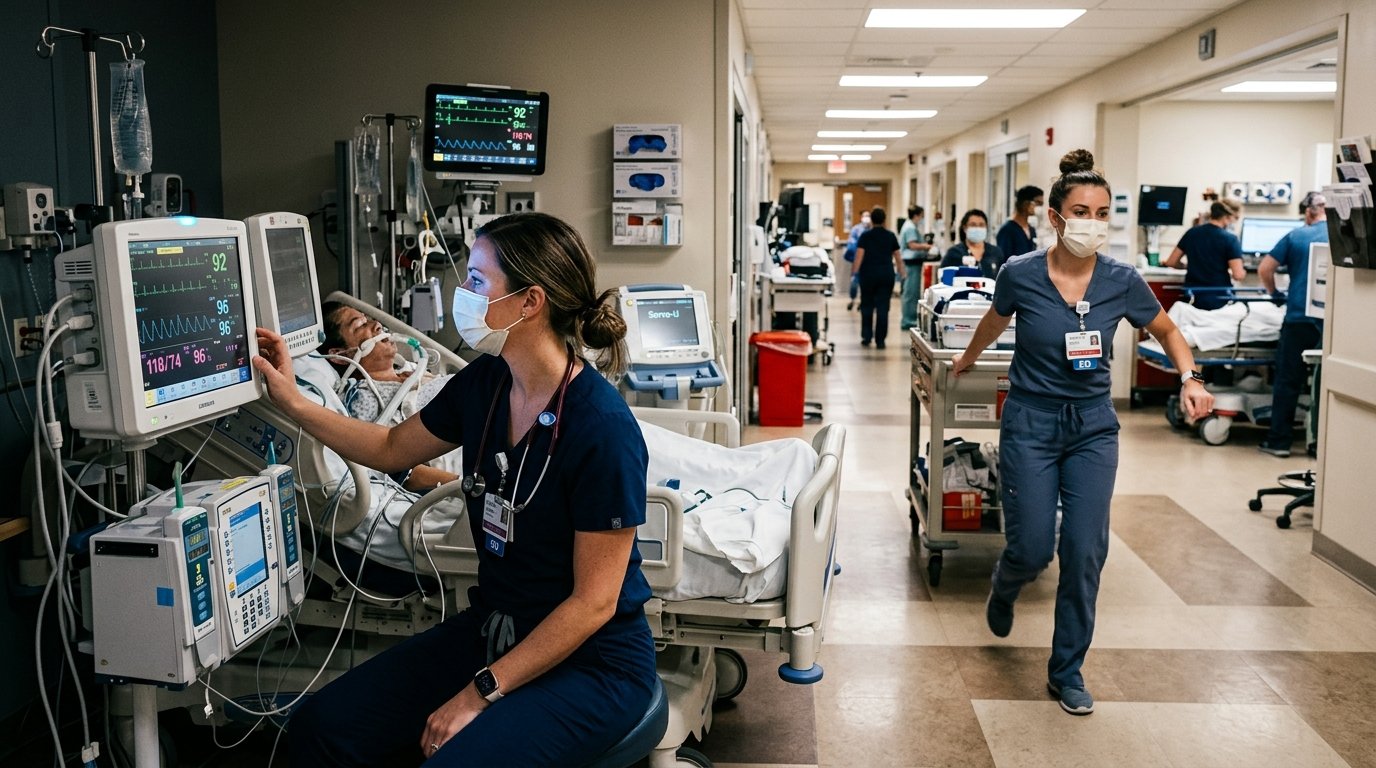 Registered nurses working in a busy ICU or emergency hospital environment with patient monitors and active care