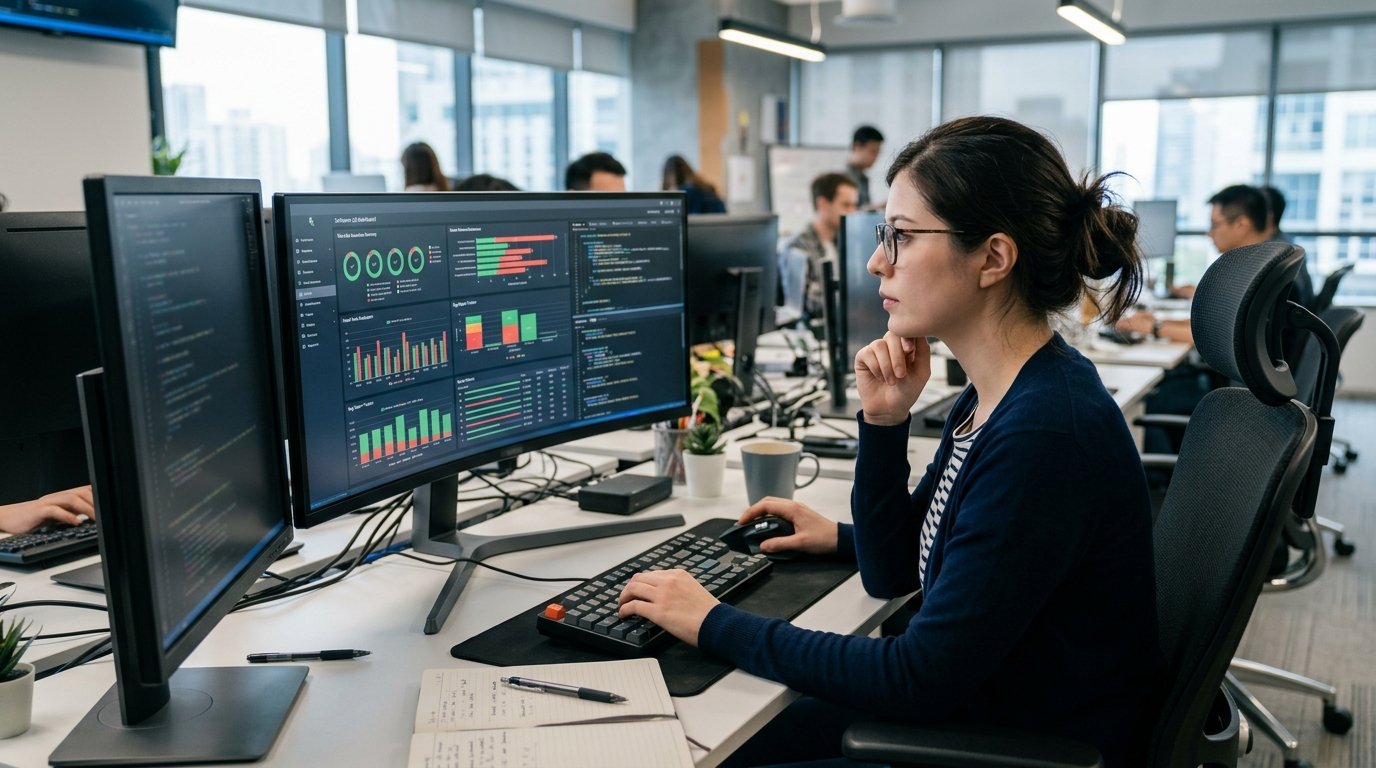 QA automation engineer running software tests and reviewing bug reports for web application quality assurance