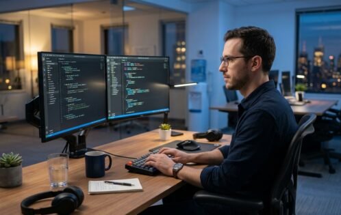 Software Development & Engineering Jobs recruit working on a modern coding setup for software development and engineering jobs
