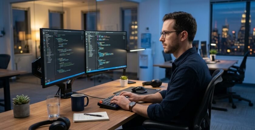 Software Development & Engineering Jobs recruit working on a modern coding setup for software development and engineering jobs