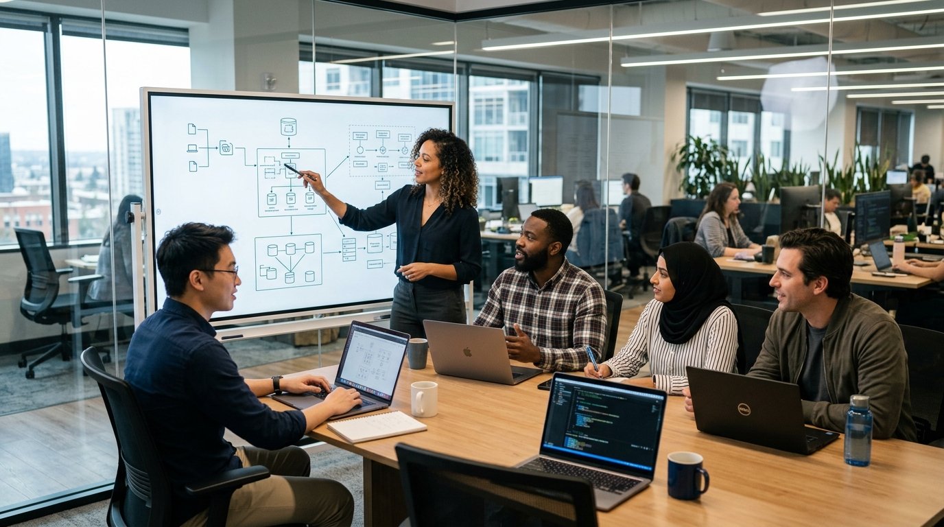Software engineering team discussing product architecture and software development planning in a modern office