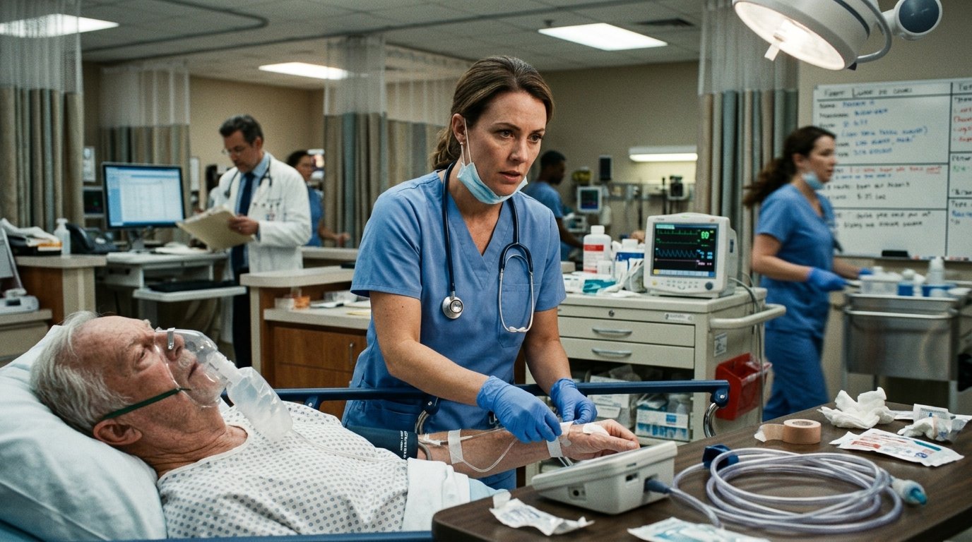 Emergency room nurse treating patient in hospital