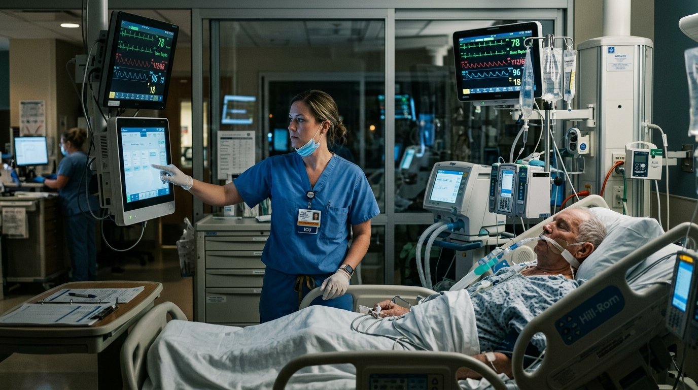 ICU nurse monitoring critical patient in hospital