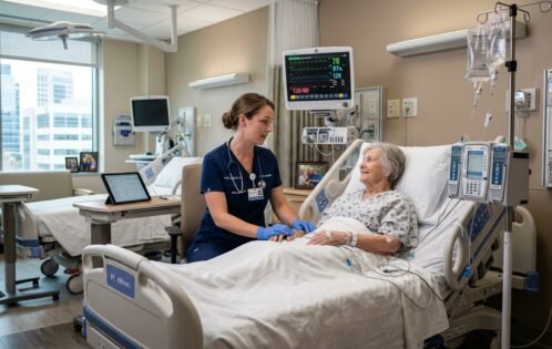Registered nurse providing patient care in hospital environment