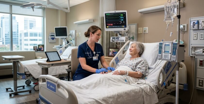 Registered nurse providing patient care in hospital environment