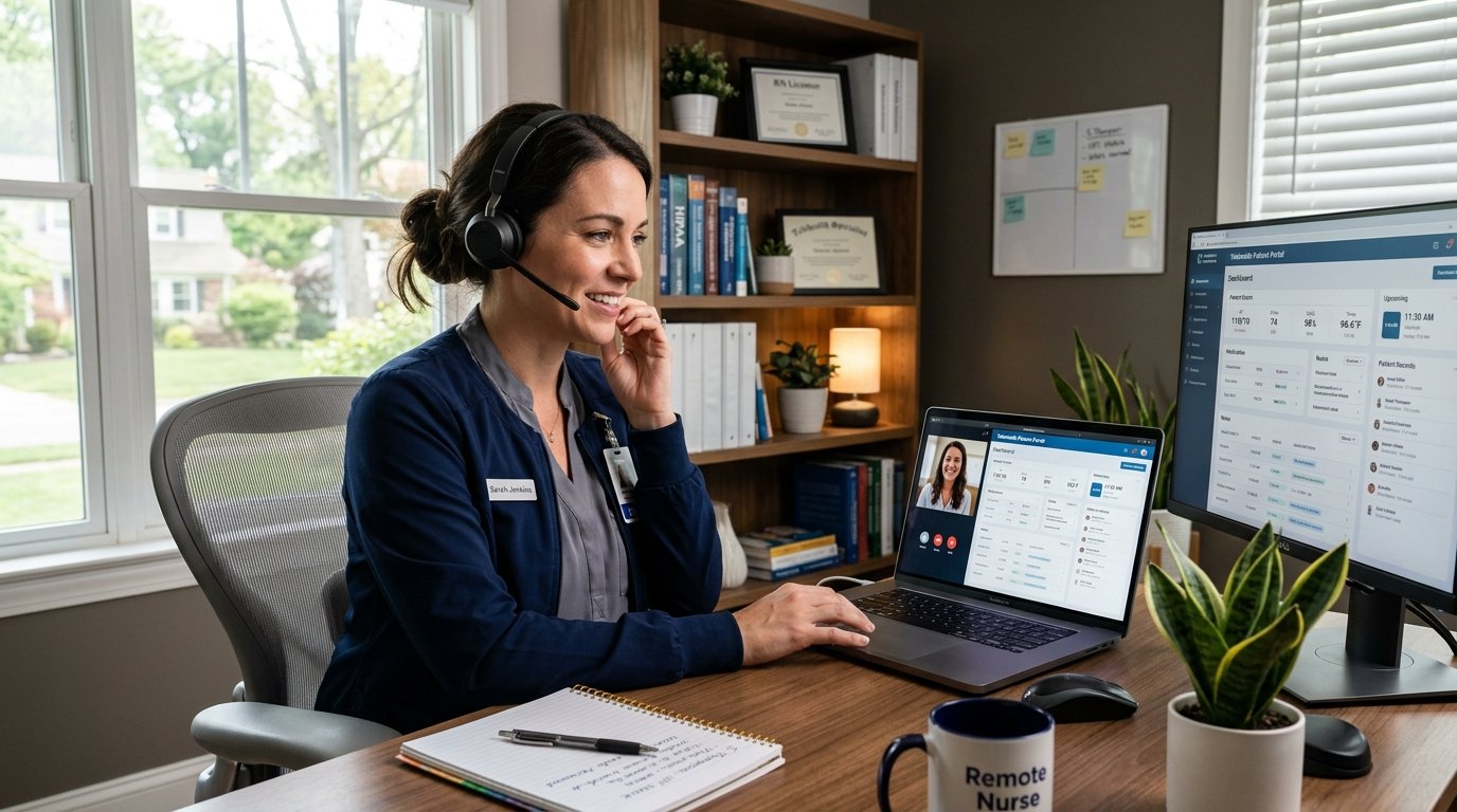 Nurse working in telehealth remote setup